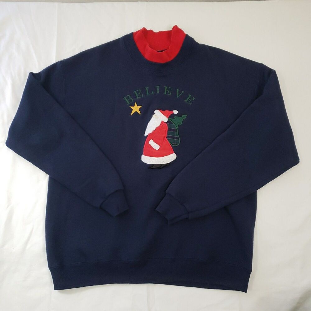 Vintage Oarsman 913 "Believe" Santa Sweatshirt Christmas Navy Blue Women's Large